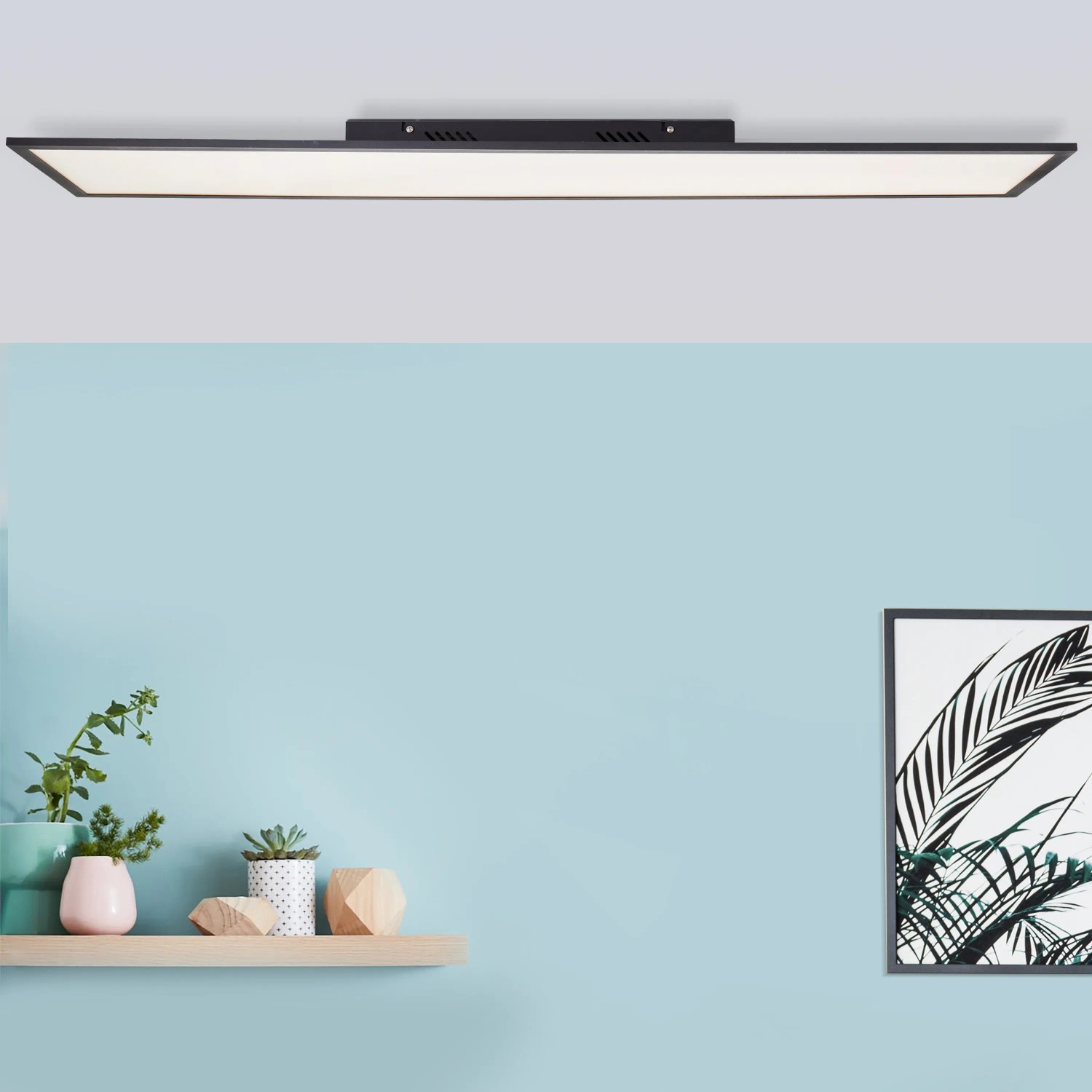 Schwarzes LED-Panel Jacinda, 120x30 cm, zur Deckenmontage. Dimmbar und mit einstellbarer Farbtemperatur.