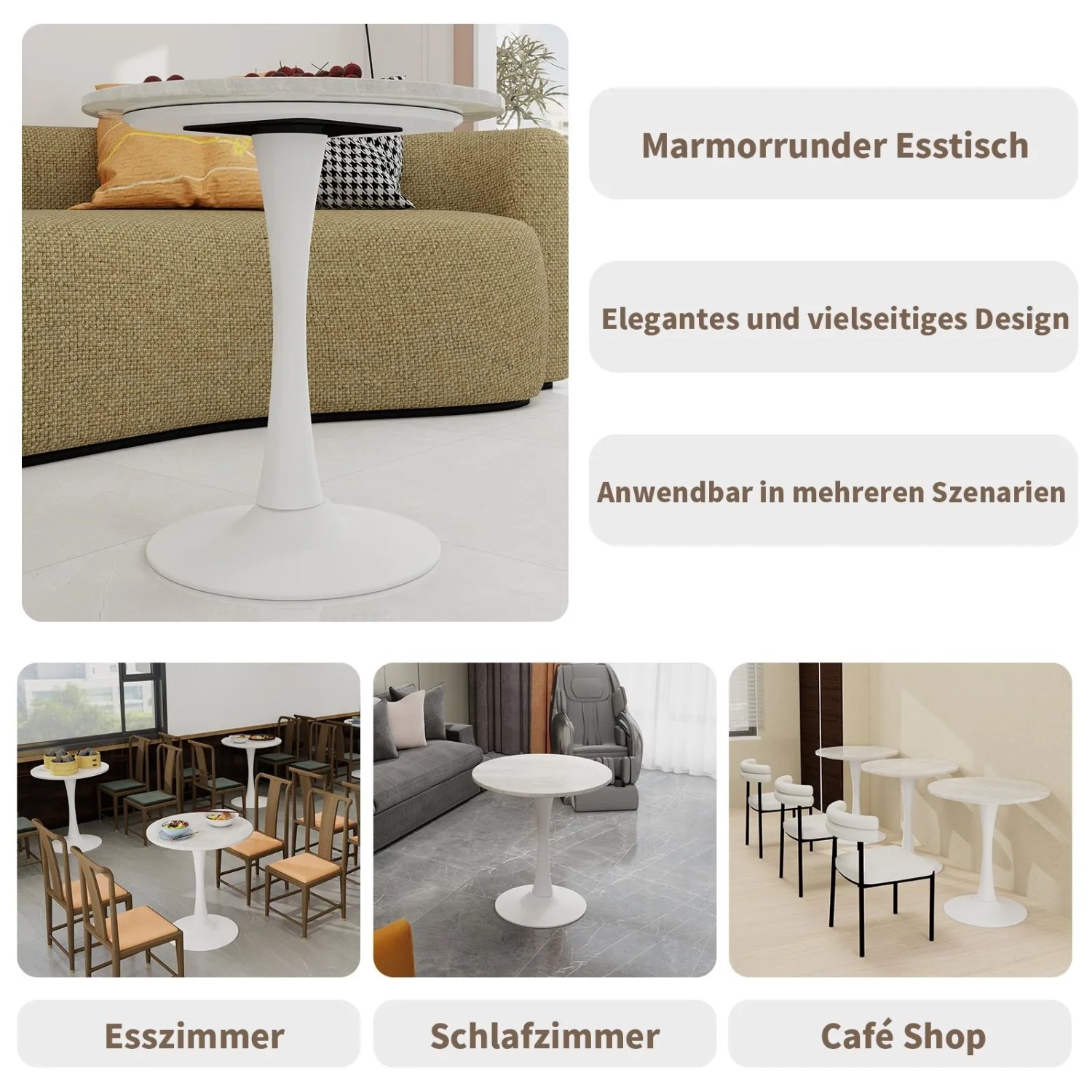 okwish Couchtisch mit Marmor Tischplatte Wohnzimmer Esszimmer 70x70x72cm Weiß_7
