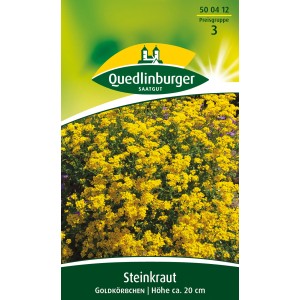 Packung Quedlinburger Steinkraut 'Goldkörbchen' Blumensamen mit gelben Blüten.