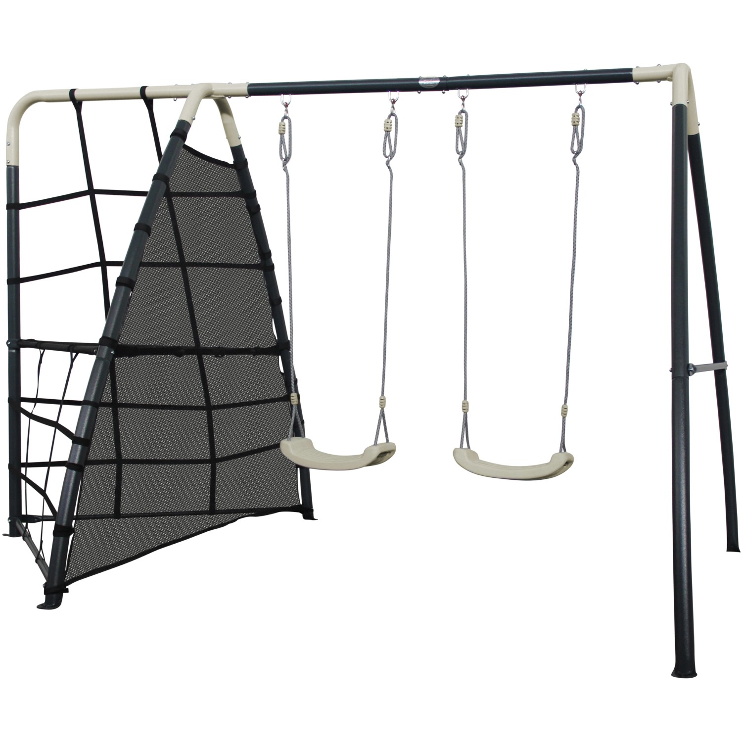 AXI Spielplatz mit Doppelschaukel und Klettergerüst in Anthrazit/Creme.
