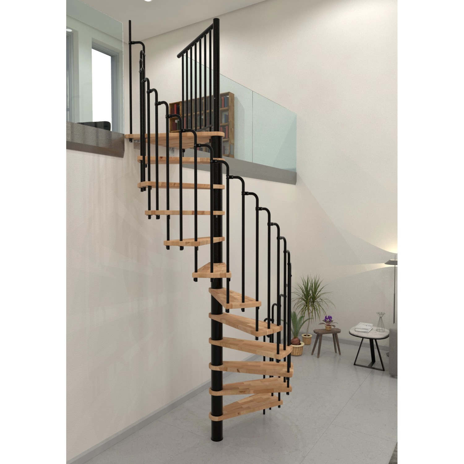 Minka Spindeltreppe Paris, Buche/Schwarz, 140 cm Durchmesser. Innentreppe mit Holzstufen und Metallgeländer.