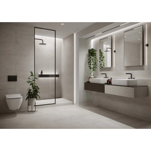 Modernes Bad mit grauen Cersanit Durin Wandfliesen im Format 29,8x59,8 cm. Schlichtes Design mit Dusche und Waschtisch.