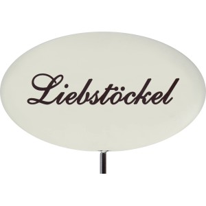 Emailleweißer Kräuterstecker mit der Aufschrift Liebstöckel für Beet und Pflanzkübel.