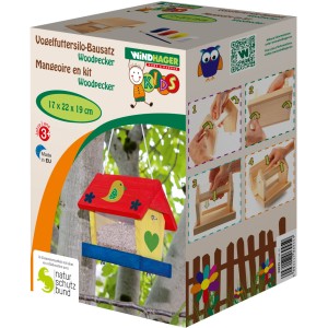 Windhager Vogelfuttersilo Bausatz Woodpecker mit Farben und Pinsel zum Bemalen.