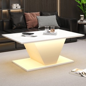 okwish Couchtisch mit LED Sonderform V-Form 100x50x46cm Hochglanz Weiß