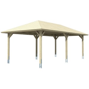 Weißes Skan Holz Carport Taunus 439x786 cm mit Zeltdach und Holzpfosten.