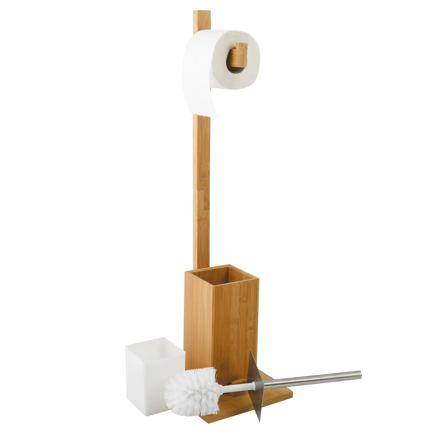 MSV WC-Garnitur aus Bambus mit Toilettenpapierhalter und WC-Bürste in Braun und Silber.
