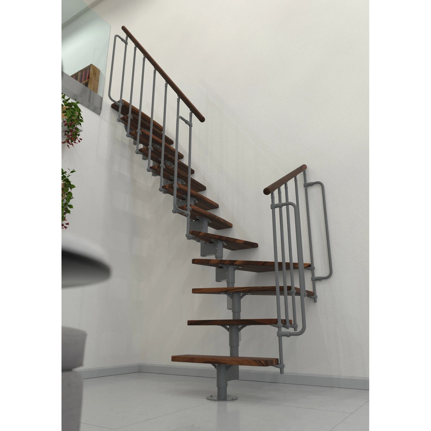 Minka Raumspartreppe Joker Turn, Walnuss-Grau, gewendelt. Innentreppe mit Holzstufen und grauem Metallgeländer.