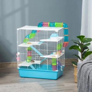 PawHut Kleintierkäfig in Hellblau-Weiß aus Stahldraht und Kunststoff, mit Ebenen, bunten Röhren und Rampe für Nager.