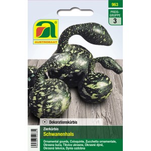 Saatgutpackung Zierkürbis Schwanenhals, dunkelgrün mit weißen Sprenkeln.