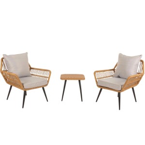 Helle MCW Poly-Rattan Gartenmöbel-Garnitur N34 mit zwei Stühlen, Tisch und grauen Polstern.