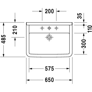 Technische Zeichnung: Duravit Starck 3 Waschtisch, 65 cm, weiß, mit Maßen für Installation.