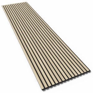 Denpanels Akustikpaneel Eiche Hell, 240x60cm, mit schwarzem Filz für verbesserte Raumakustik.