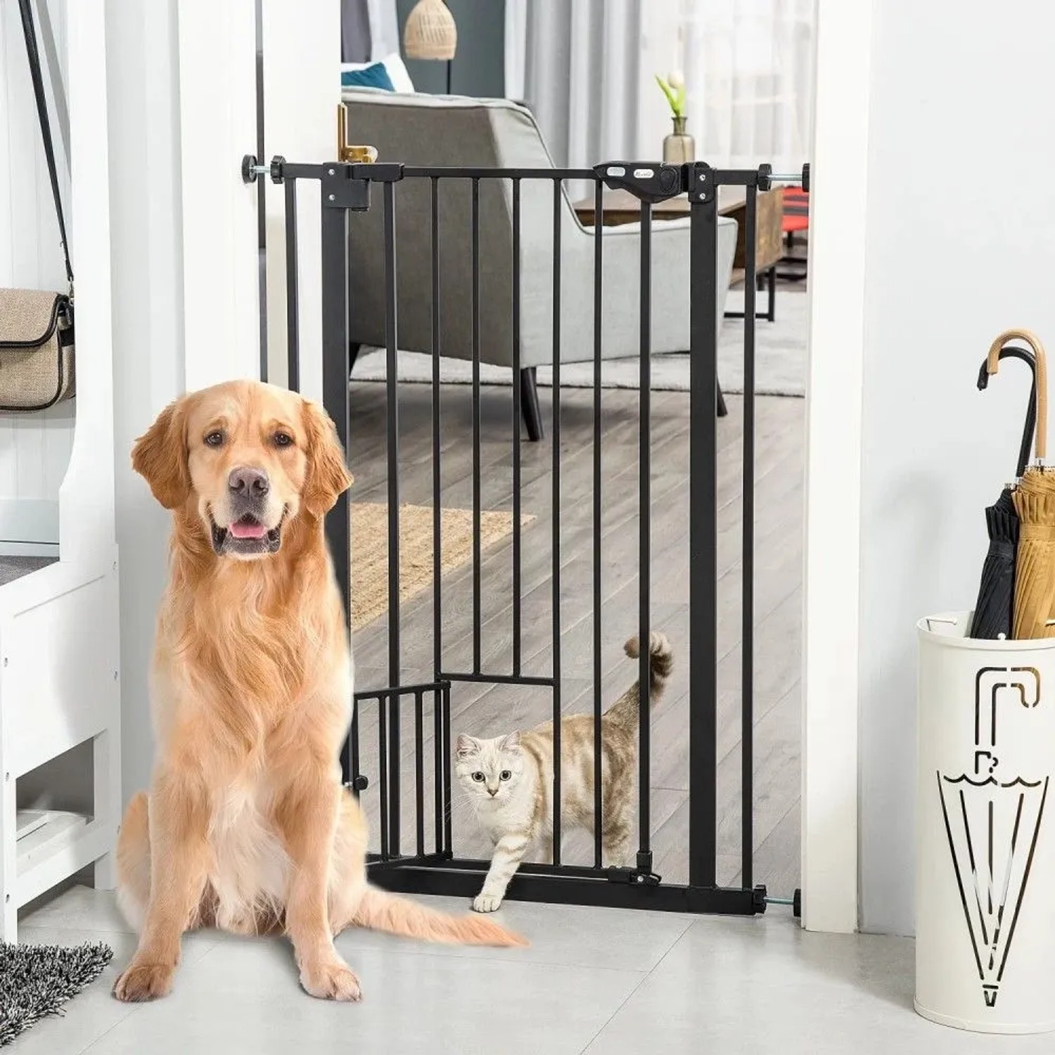 Schwarzes PawHut Haustiergitter mit Katzenklappe und Schließautomatik. Hund sitzt, Katze geht durch.