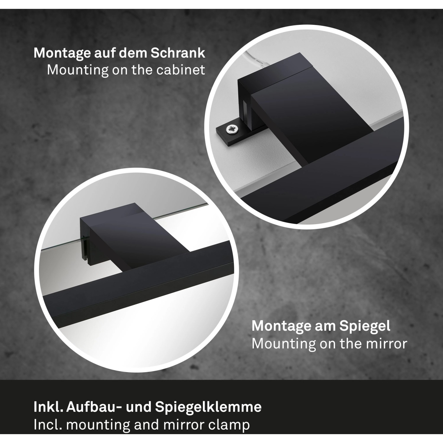 Detailaufnahme der schwarzen Brilo LED-Spiegelleuchte Dun mit Aufbau- und Spiegelklemme.