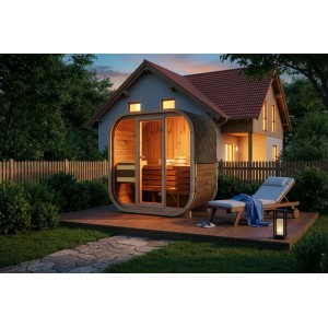 FinnTherm Fasssauna Ellipso M aus Thermoholz im Garten mit Liege und Haus im Hintergrund.