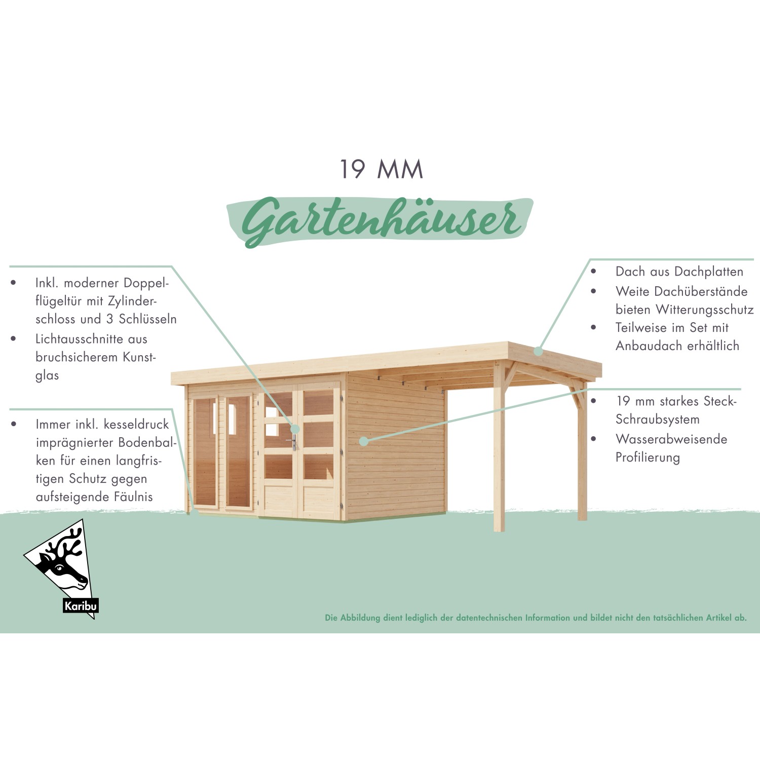 Karibu Gartenhaus Maradi 3,5, terragrau, mit Doppeltür und Anbaudach. Holz-Gartenhaus mit Lichtausschnitten.