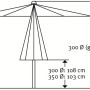 Technische Zeichnung Schneider Marktschirm, Ø 300cm, silbergrau, mit Maßen für Höhe und Durchmesser.