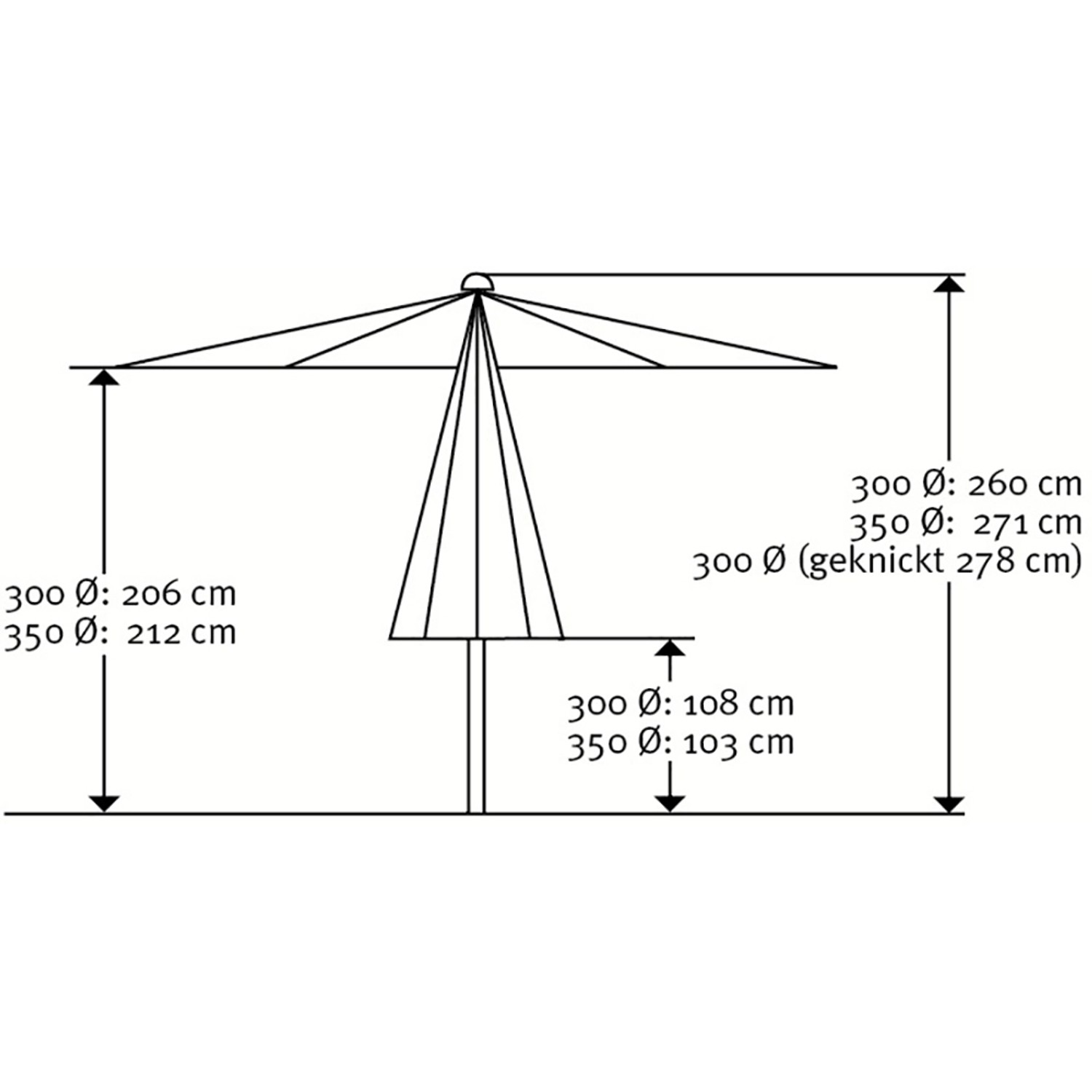 Technische Zeichnung Schneider Marktschirm, Ø 300cm, silbergrau, mit Maßen für Höhe und Durchmesser.