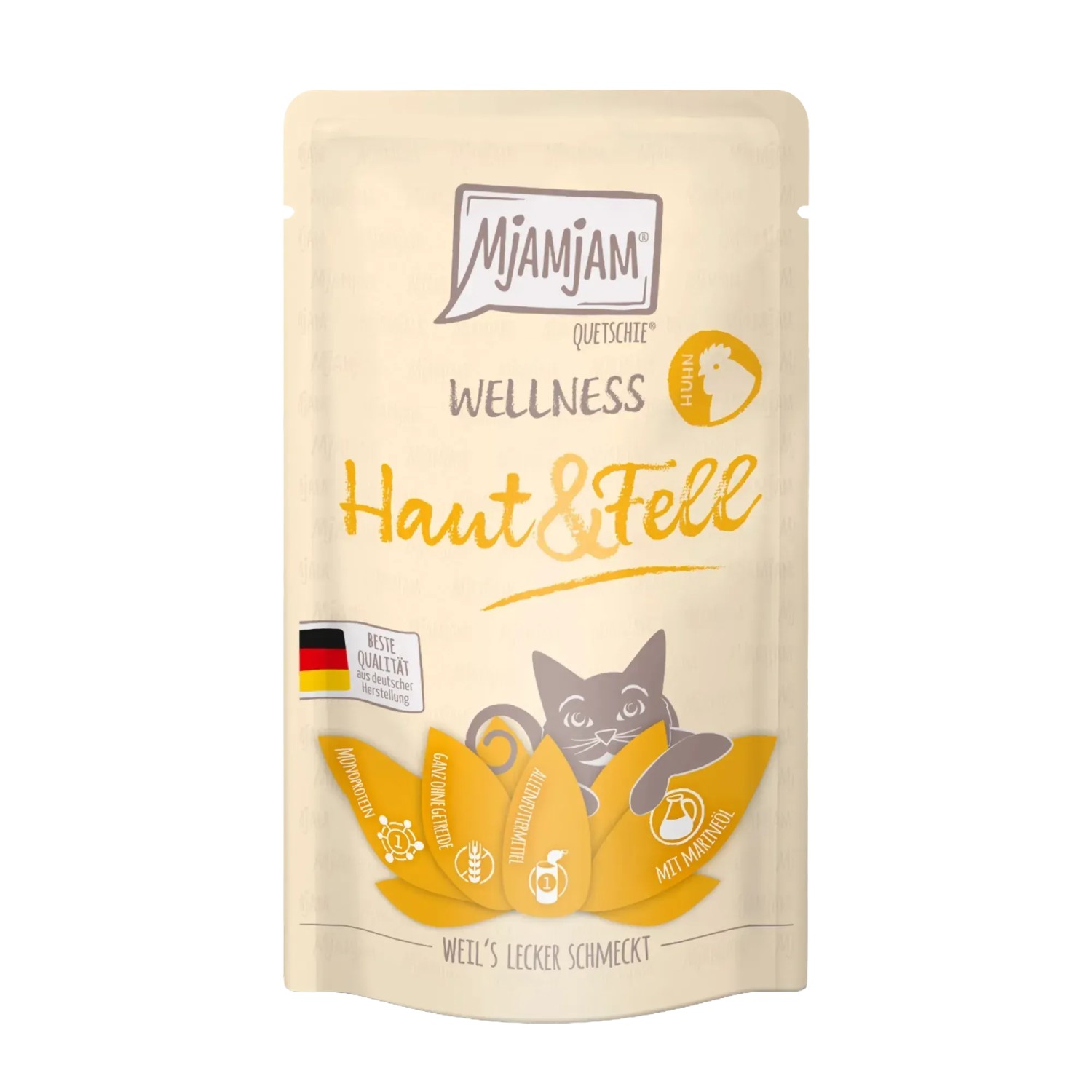 Mjamjam Katzen-Nassfutter Wellness Haut & Fell Huhn, 125g Packung.