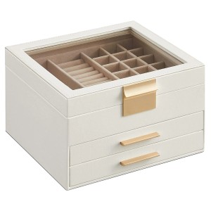 Weiß-beige Schmuckkästchen Greeta mit Glasdeckel und 2 Schubladen zur Schmuckaufbewahrung.