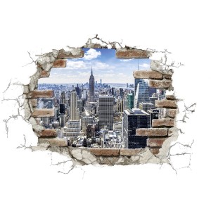 Komar Deko-Sticker Break Out NYC: Wandtattoo mit New York Skyline durch eine Backsteinmauer.