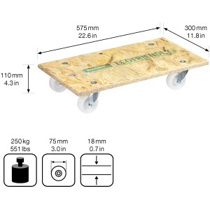 Wagner Transporthilfe mit OSB-Platte, 250 kg Tragkraft, 575x300 mm, vier Rollen.