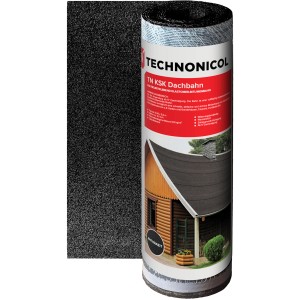 Technonicol Bitumen-Dachbahn TN KSK Anthrazit, Rolle mit Produktbild auf Etikett.