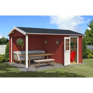 Lasita Holz-Gartenhaus Wibo in Schwedenrot mit Anbaudach und Sitzbereich. Gartenhaus mit offener Tür.