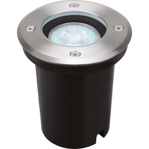 Runde LED Bodeneinbauleuchte (35 W) mit silberfarbenem Rahmen und schwarzem Gehäuse.