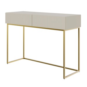Selsey Veldio Schminktisch 110 cm, greige mit geriffelter Lamellenfront, zwei Schubladen und goldenen Metallbeinen. Modernes Design.
