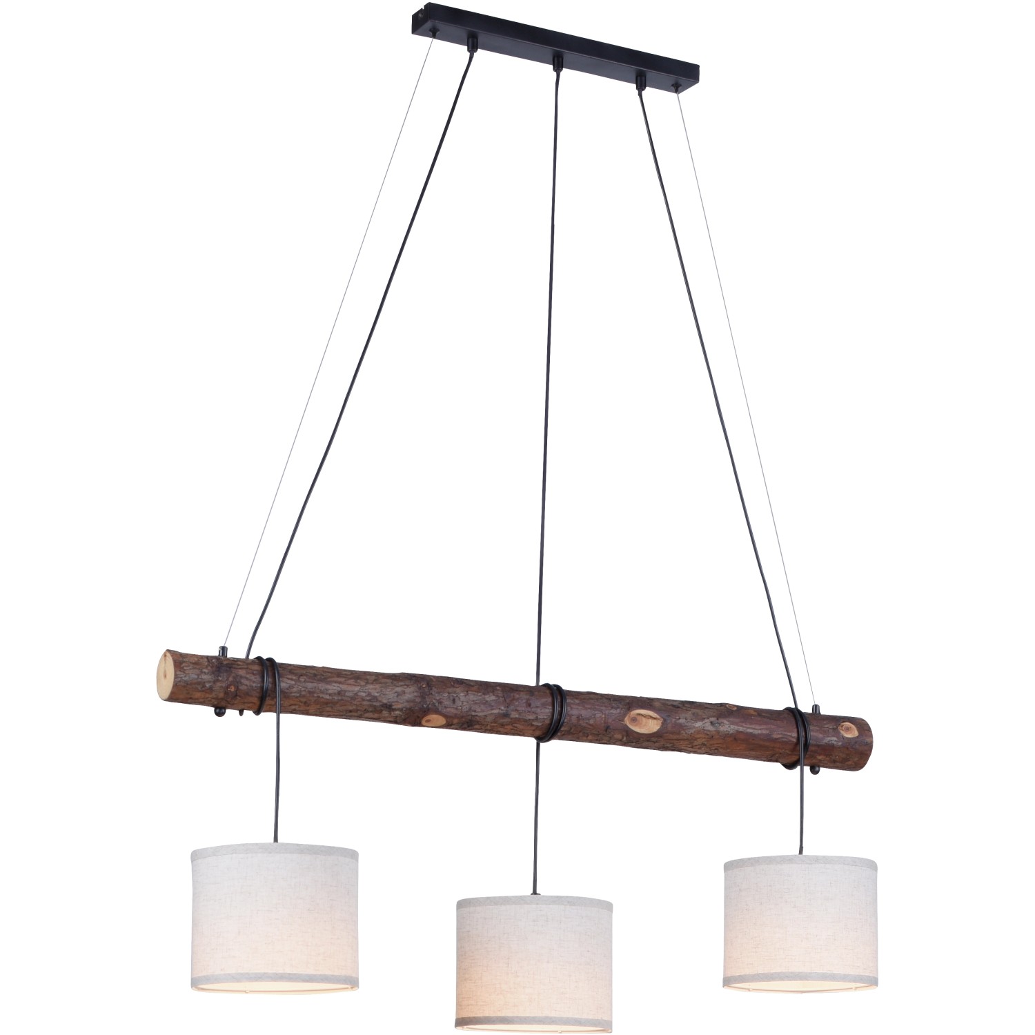 Rustikale Just Light Pendelleuchte Bark mit Holzdekor und drei Lampenschirmen.