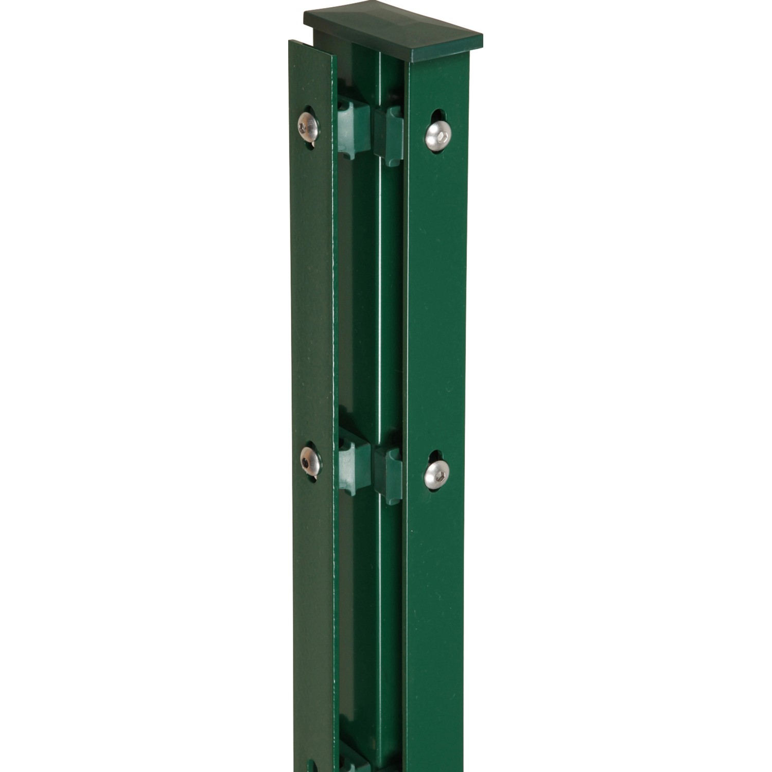 Grüner Eckpfosten (120 cm) mit Abdeckschienen für Zaunbau & Sichtschutz.