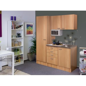 Flex-Well Singleküche 150 cm in Nano Buche mit Spüle und Mikrowelle.