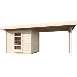 Unbehandeltes WekaLine Holz-Gartenhaus mit Flachdach und Anbau, 500x284 cm.
