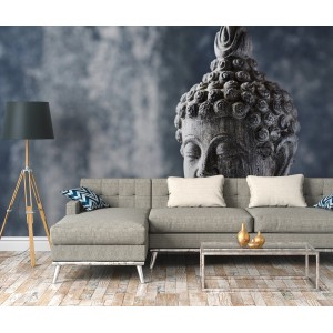 Fototapete mit Buddha Statue in Blau und Grau, asiatisches Design für Wohnräume.