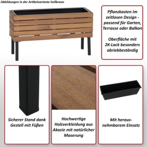Brauner MCW Pflanzkasten aus Akazienholz und Stahl, 36x62x22cm, mit herausnehmbarem Einsatz.