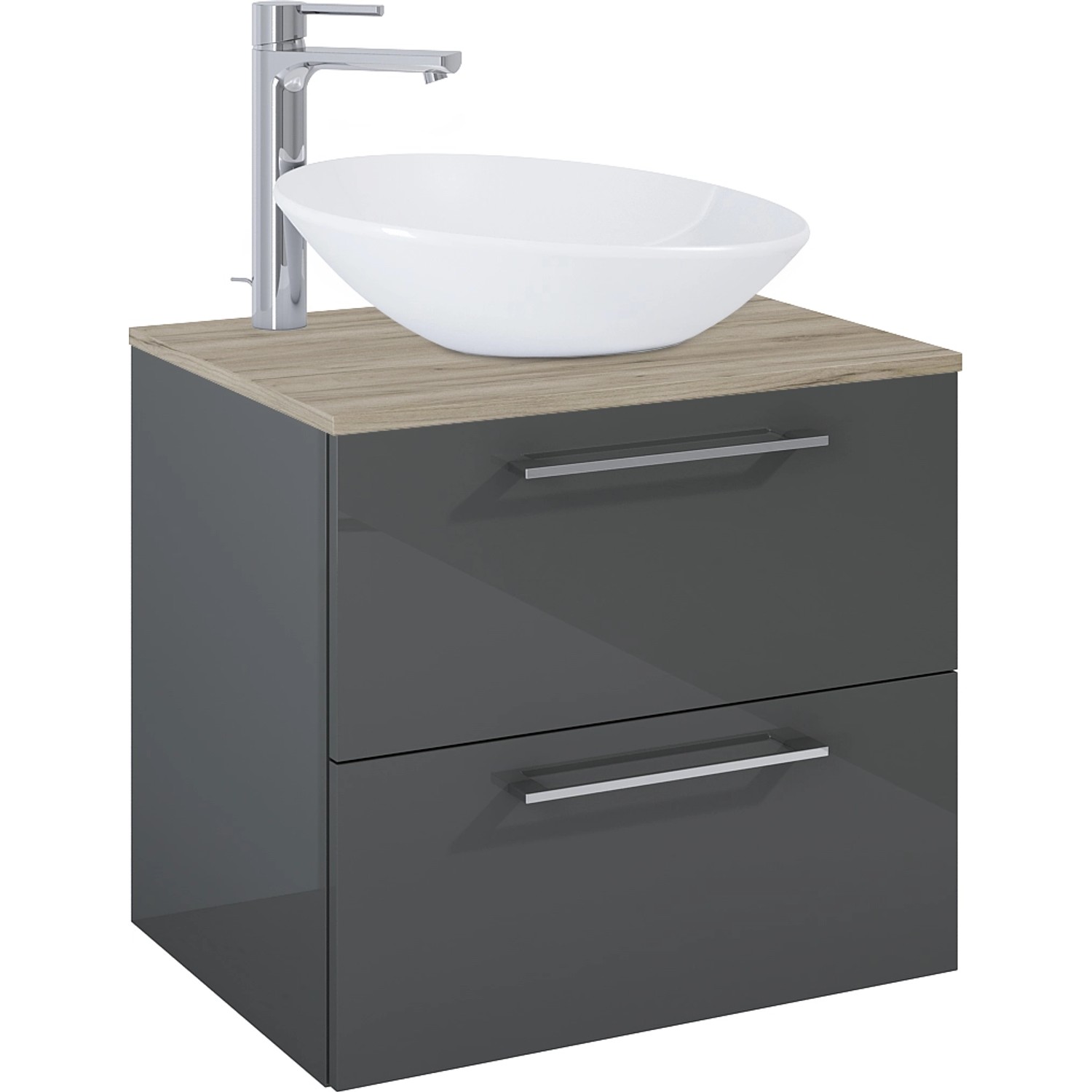 Maximus Waschbeckenunterschrank Stylo Anthrazit, 60 cm breit, mit zwei Schubladen und Aufsatzwaschbecken.