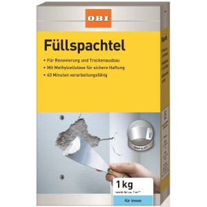 Verpackung OBI Füllspachtel Weiß, 1 kg, zum Ausbessern von Rissen und Löchern im Innenbereich.