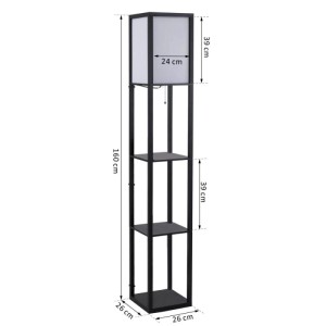 Schwarze HOMCOM Stehleuchte aus Holz mit 3 Regalen und weißem Schirm, 160 cm hoch. Ideal für Innenleuchten.