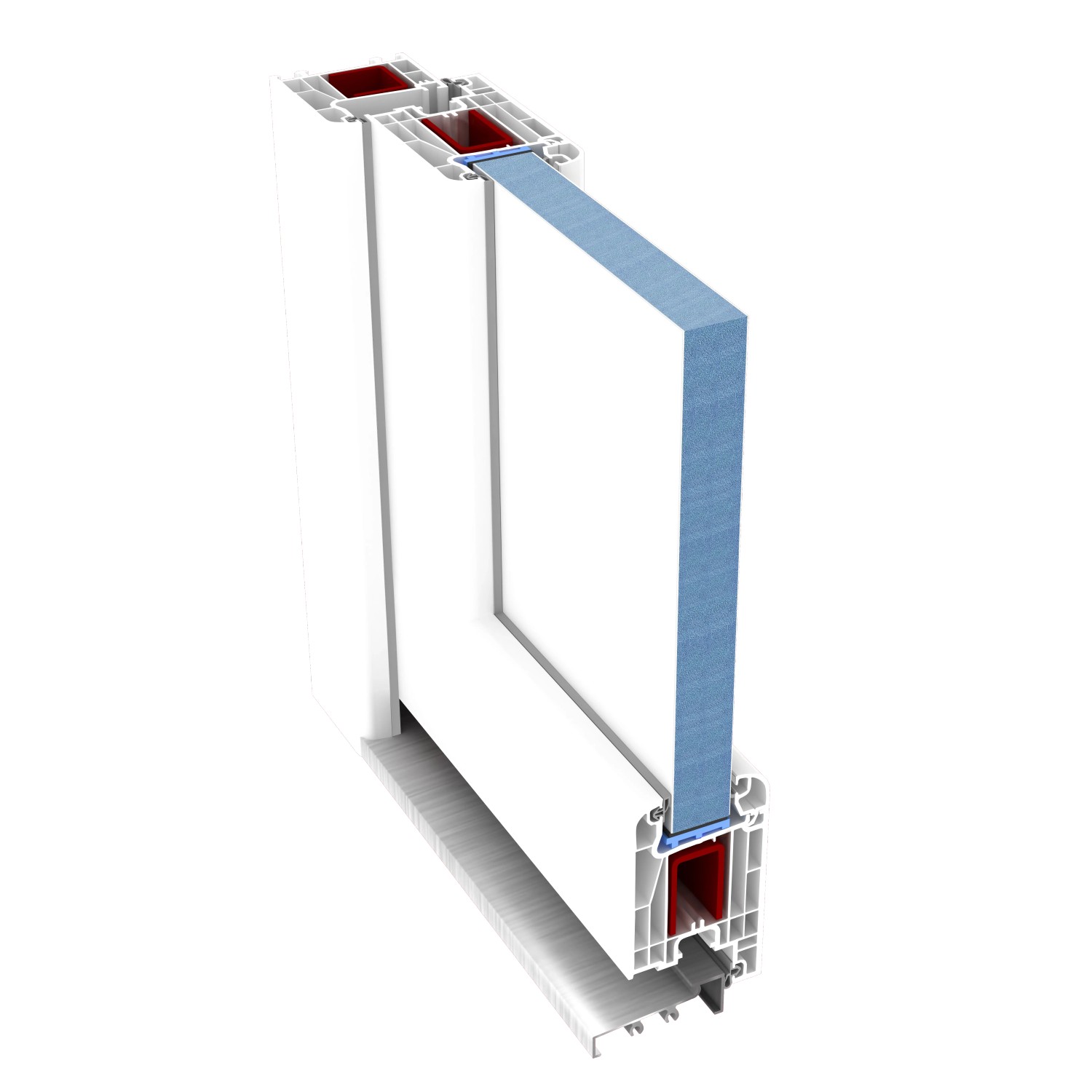 Detailaufnahme: Weiße Kunststoff Nebeneingangstür K 504 im Querschnitt.