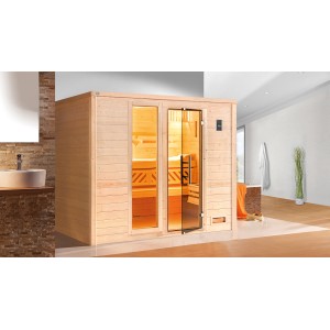 Weka Massivholzsauna Bergen mit Glastür & Fenster, 9 kW Ofen Sparset. Familiensauna aus Fichte.