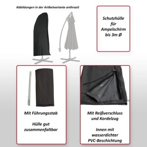 Anthrazitfarbene Schutzhülle für Ampelschirm bis 3 m Durchmesser, mit Reißverschluss und Kordelzug.