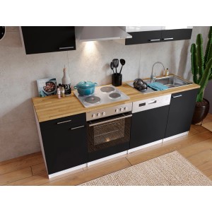 Respekta Küchenzeile KB220WS in Schwarz-Weiß mit E-Geräten und Spüle.