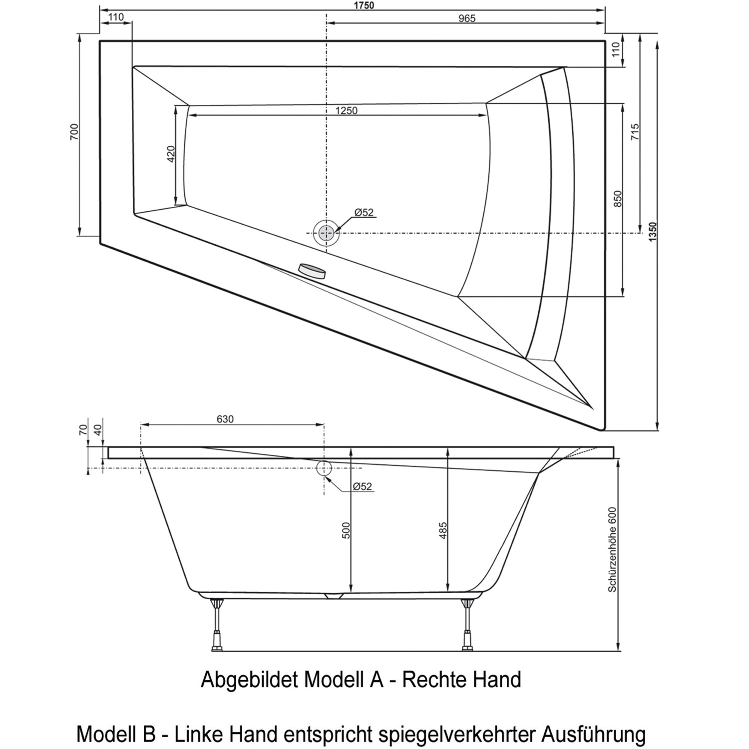 Technische Zeichnung: Ottofond Galia II Whirlpool, 175x135 cm, Modell A (rechte Ausführung), Maße und Details.
