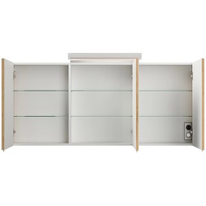 Posseik Spiegelschrank 140 cm Eiche Gold mit LED-Lampe und Glasböden, offene Türen.