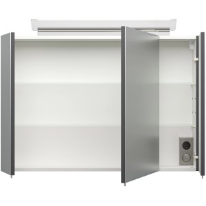 Posseik Spiegelschrank, 90 cm breit, Anthrazit, mit Softclose-Türen und Beleuchtung.