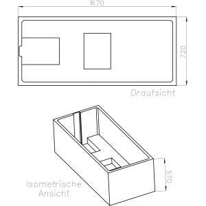 Technische Zeichnung Ottofond Wannenträger Costa 170x75 cm, Draufsicht und isometrische Ansicht mit Maßen.