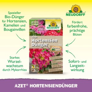 Neudorff Azet Hortensien-Dünger 1 kg Packung mit pinken Hortensien. Fördert Blütenpracht, Wurzelwachstum, Sofort- & Langzeitwirkung.