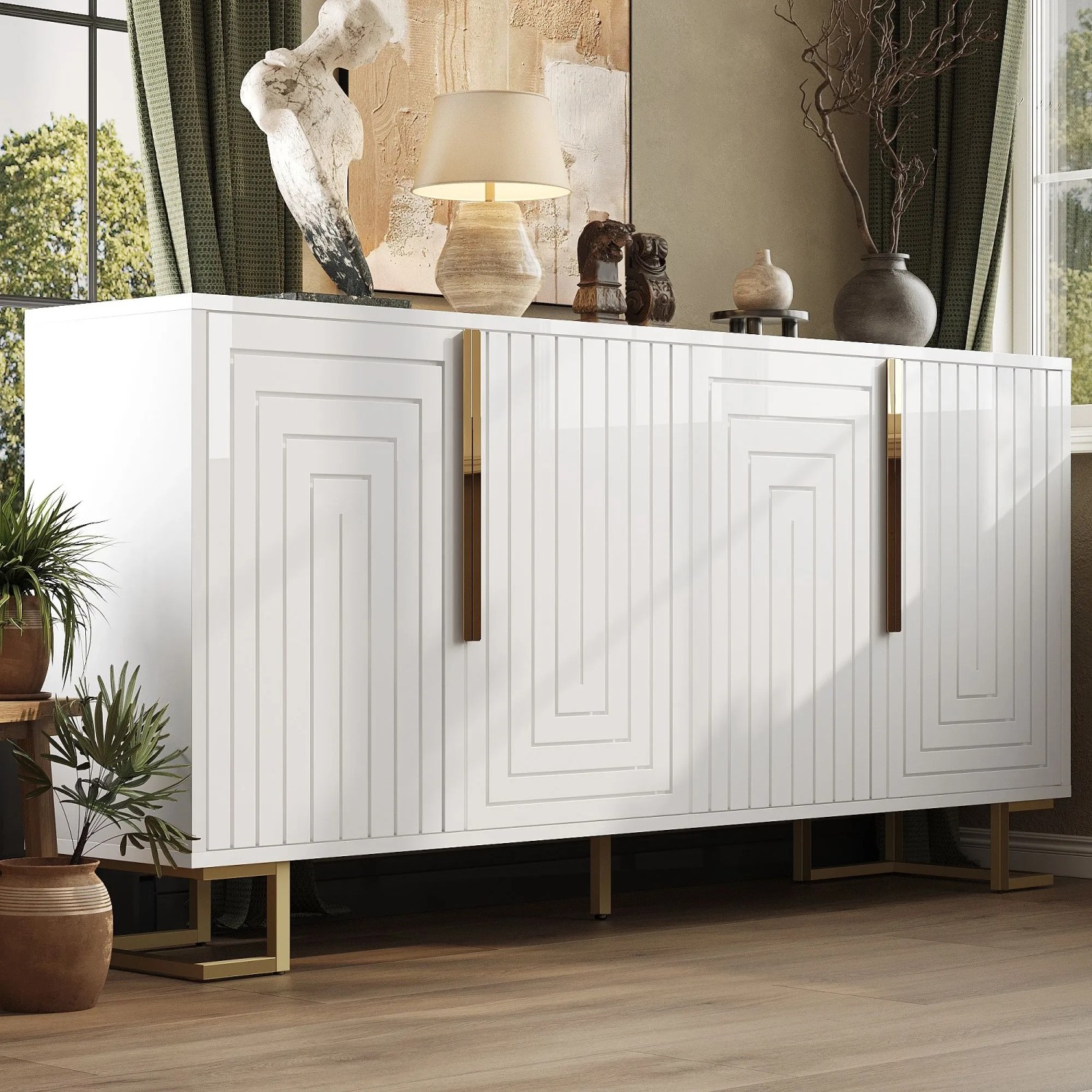 okwish Sideboard mit Geometrischem Design Goldene Griffe Wohnzimmer 152x40x75cm Weiß_2